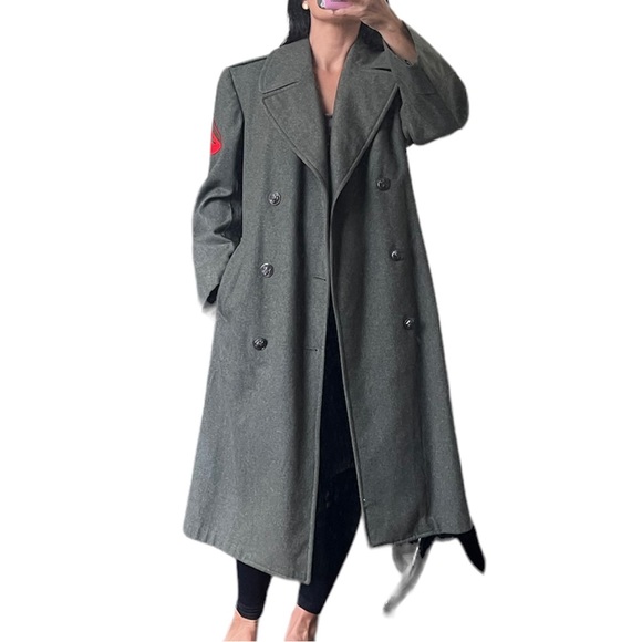 Vintage Military Wool Coat Vintage Olive Green Wool Patched Military Overcoat - Picture 2 of 8